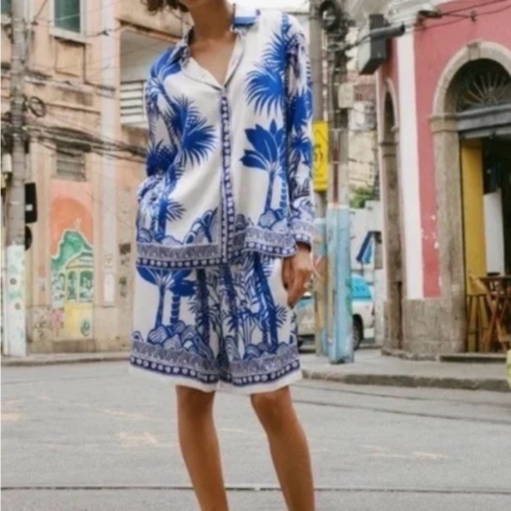 Zara Blue and White Printed Two-Piece Set